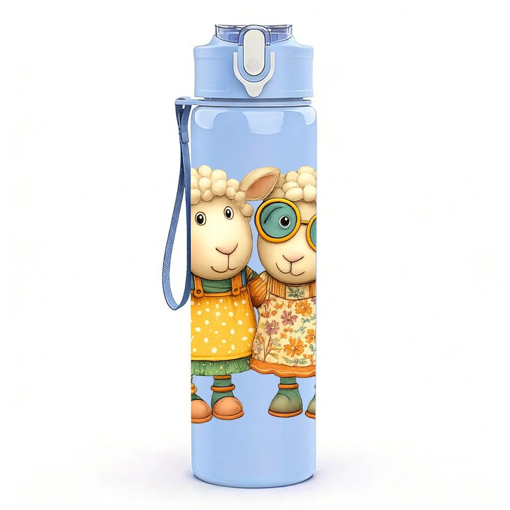 1PC Twin Country Sheep Dolls 750ml Color Plastic Sports Water Bottle Leakproof Flip Straw Lid Suitable for Sports Office Home Use