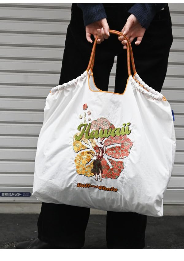 Ball Chain Authentic Large Size Bag Eco Bag Tote Bag Embroidery Gift A4 301156 [Ball & Chain] & HAWAII-2 (WHITE, L)