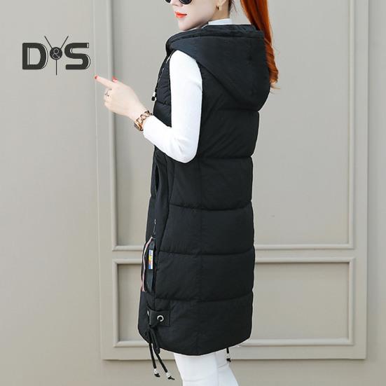 Fall Winter Cotton Vest Coat Mid Length Thickened Padded Sleeveless Zip Up Zipper Closure Drawstring Hooded Windproof Heat Retention Lady Waistcoat