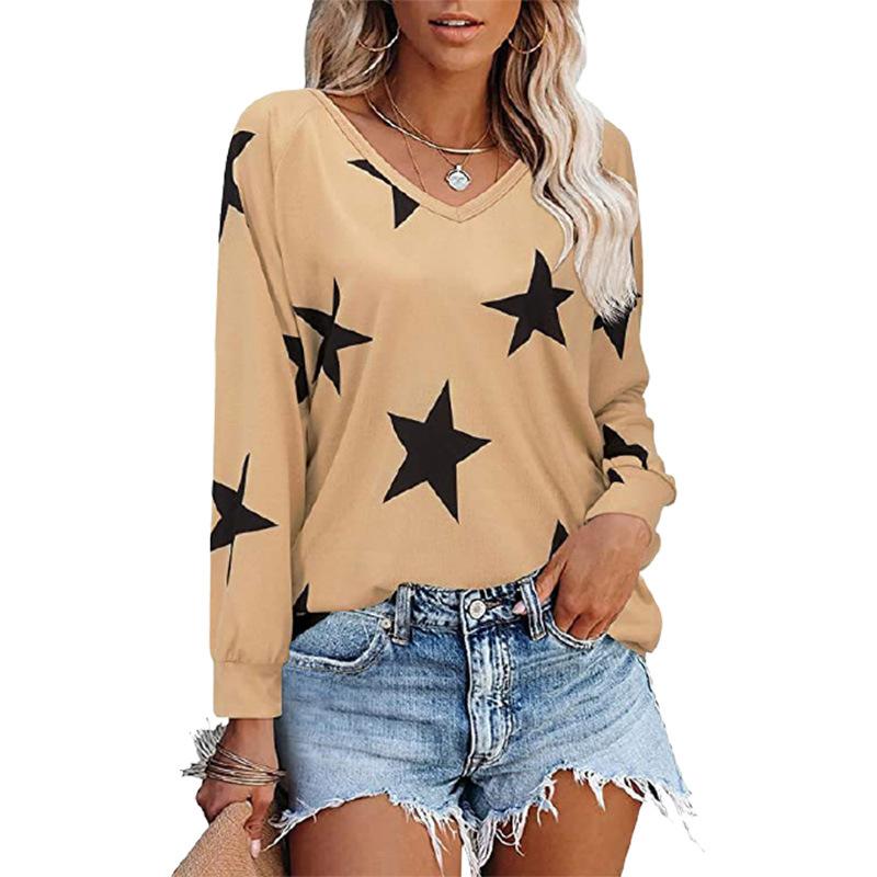 Autumn and Winter New Female Five-pointed Star Print V-neck Long-sleeved Sweater T-shirt