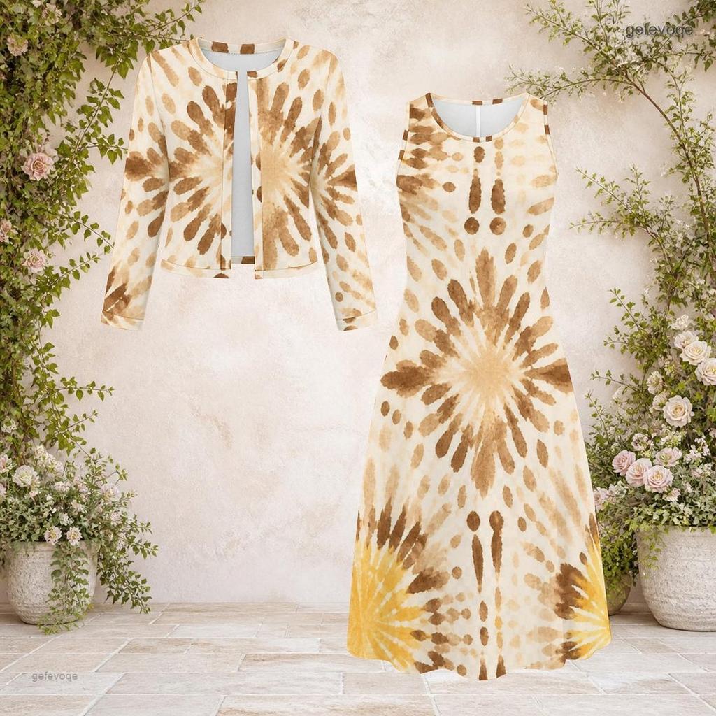 Women Plus Size Abstract Printed Two Piece Set Round Neck Long Sleeve Cropped Cardigan Sleeveless Midi Dress