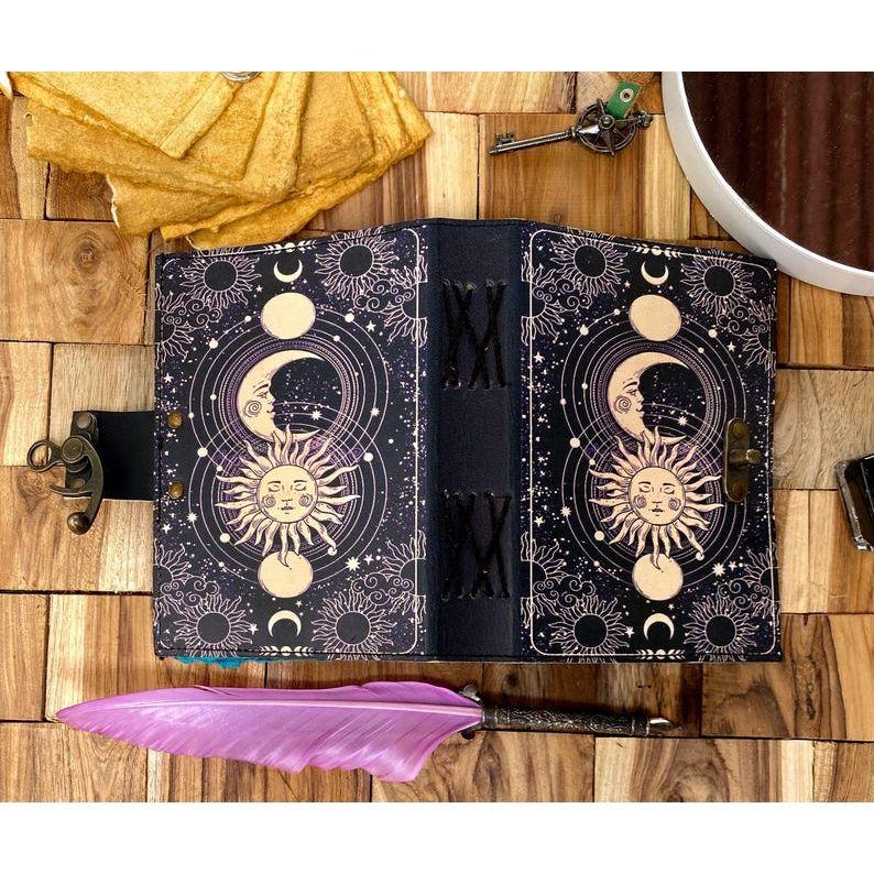Sun & Moon Leather Grimoire Journal: Spell Book