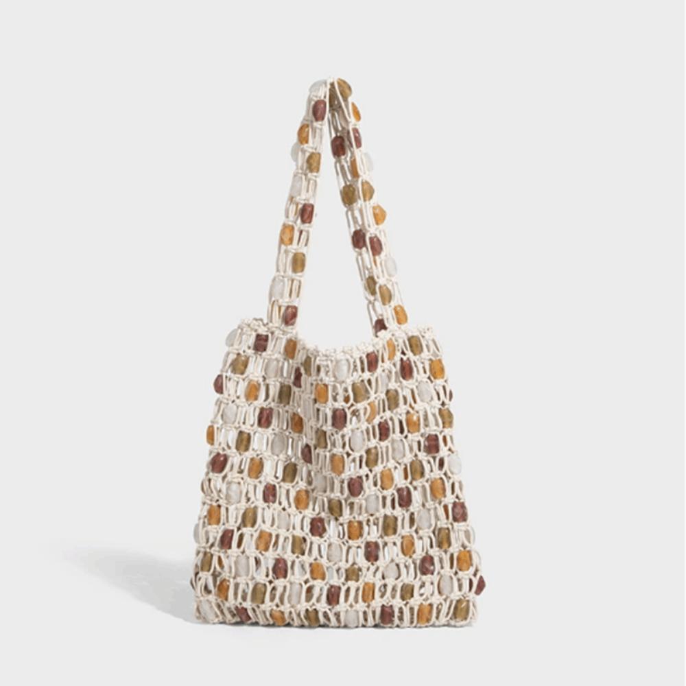 

Creative Summer Woven Bead Bag Bohemian Breathable Tote Bag Hollow-out Large Capacity Crossbody Handbag Shopping бежевый