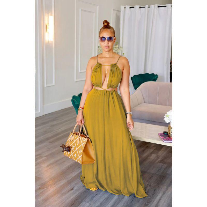 

Hollow out Seamless Dress Summer Women clothes Sleeveless Hollow out Backless Long dress Solid One-Piece Dress Orange M