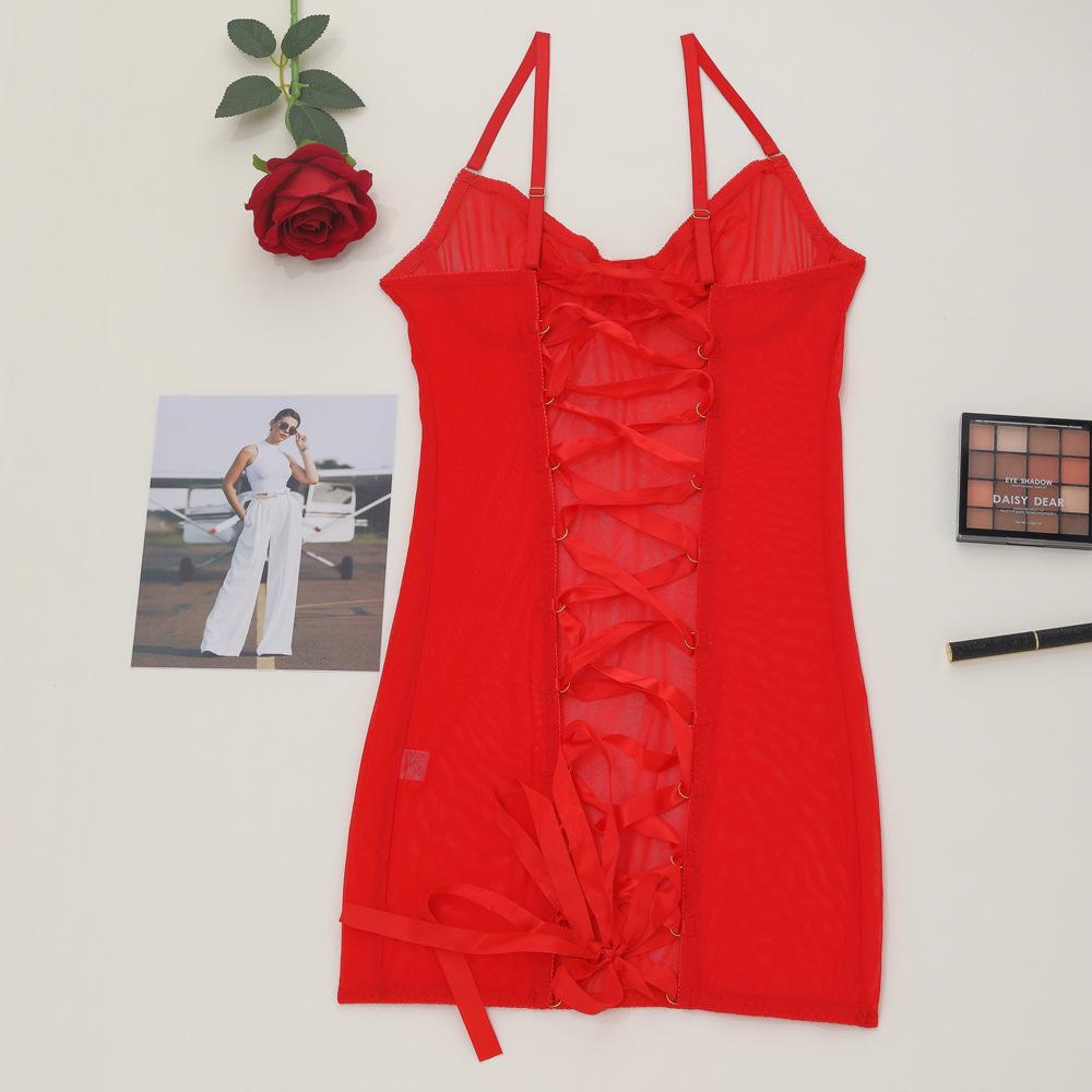 European & American Crisscross Lace-Up Backless Mesh Bodysuit 1517