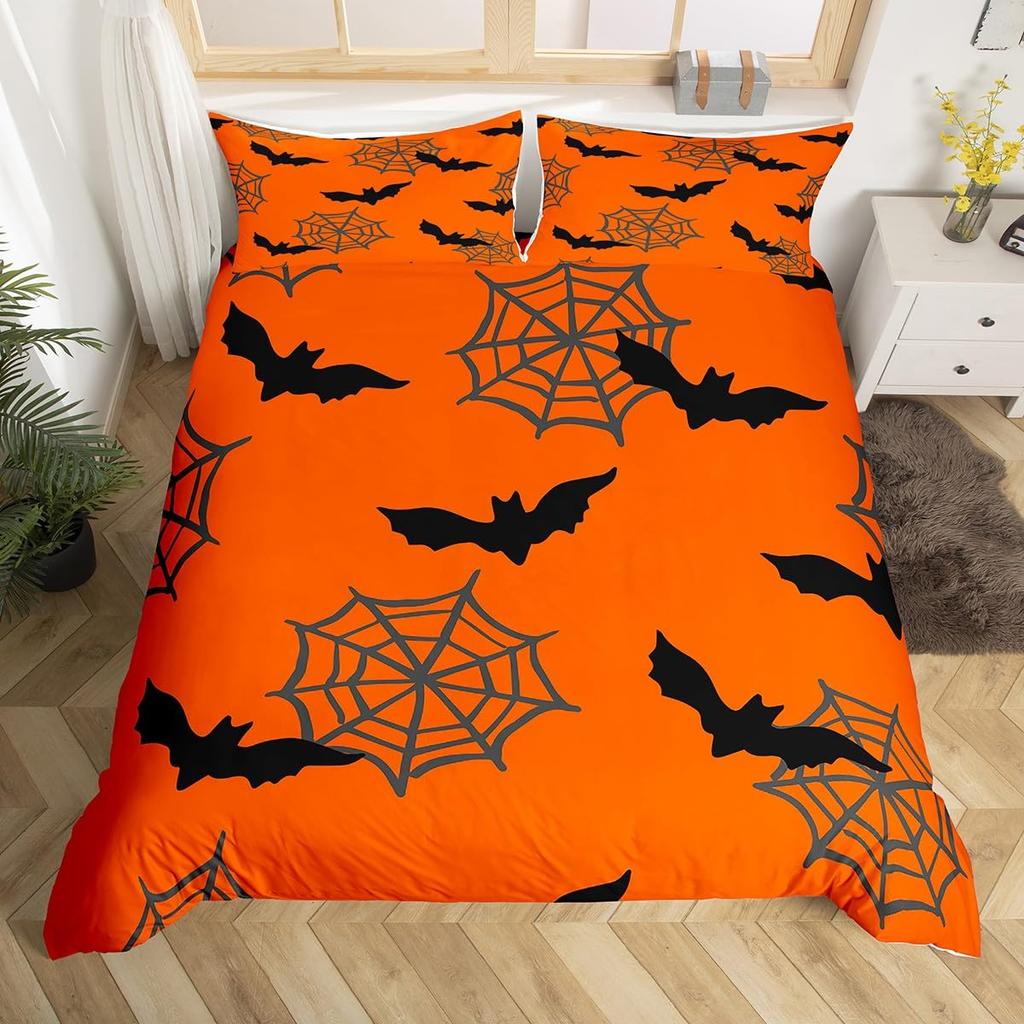 Cartoon Purple Bat Gothic Duvet Cover Halloween Bats Bedding Set Star Quilt Cover Spooky Dark Shadows Silhouette Halloween Decor