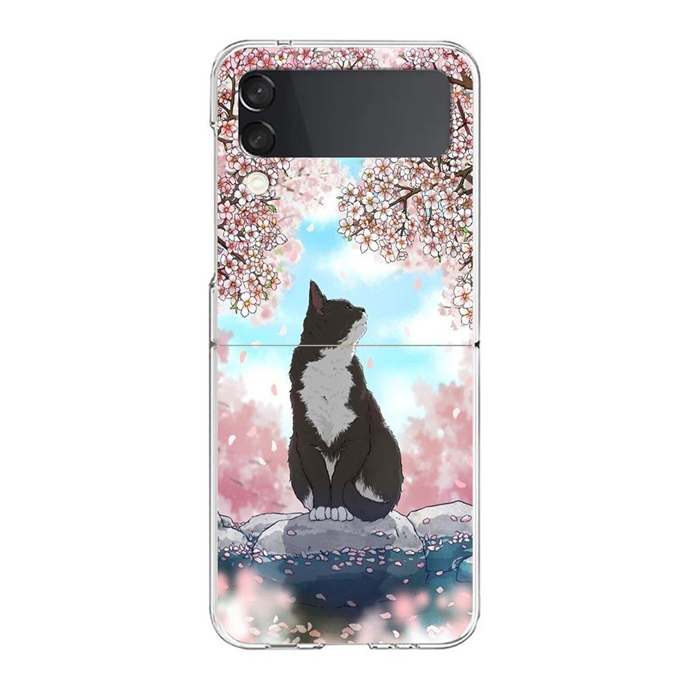 Fashion Lovely Cats Clear Phone Case For Samsung Galaxy Z Flip 3 4 5 Hard Folding Shell For Samsung Z Flip3 Transparent Cover