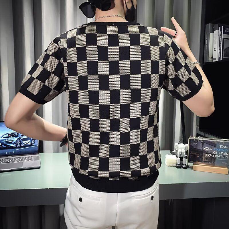New Summer Versatile Knitted T-Shirts Ins Short-sleeved Fashionable Thin Plaid Hollow Slim Round Neck Trendy Top