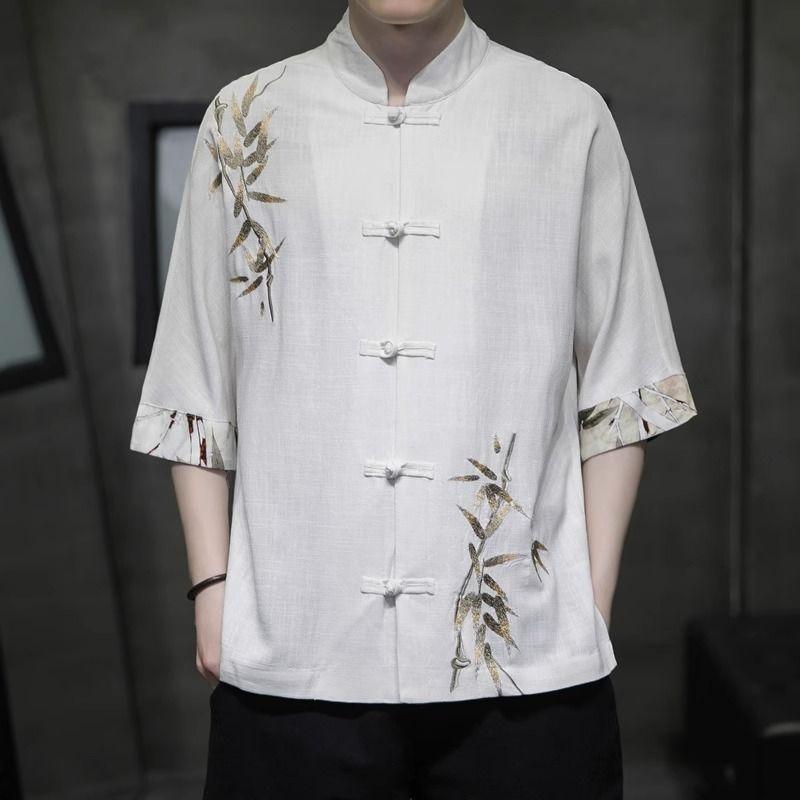 Summer Short Sleeved Shirt Men's Loose Jacket Chinese Style Button Top Tang Style Outfit