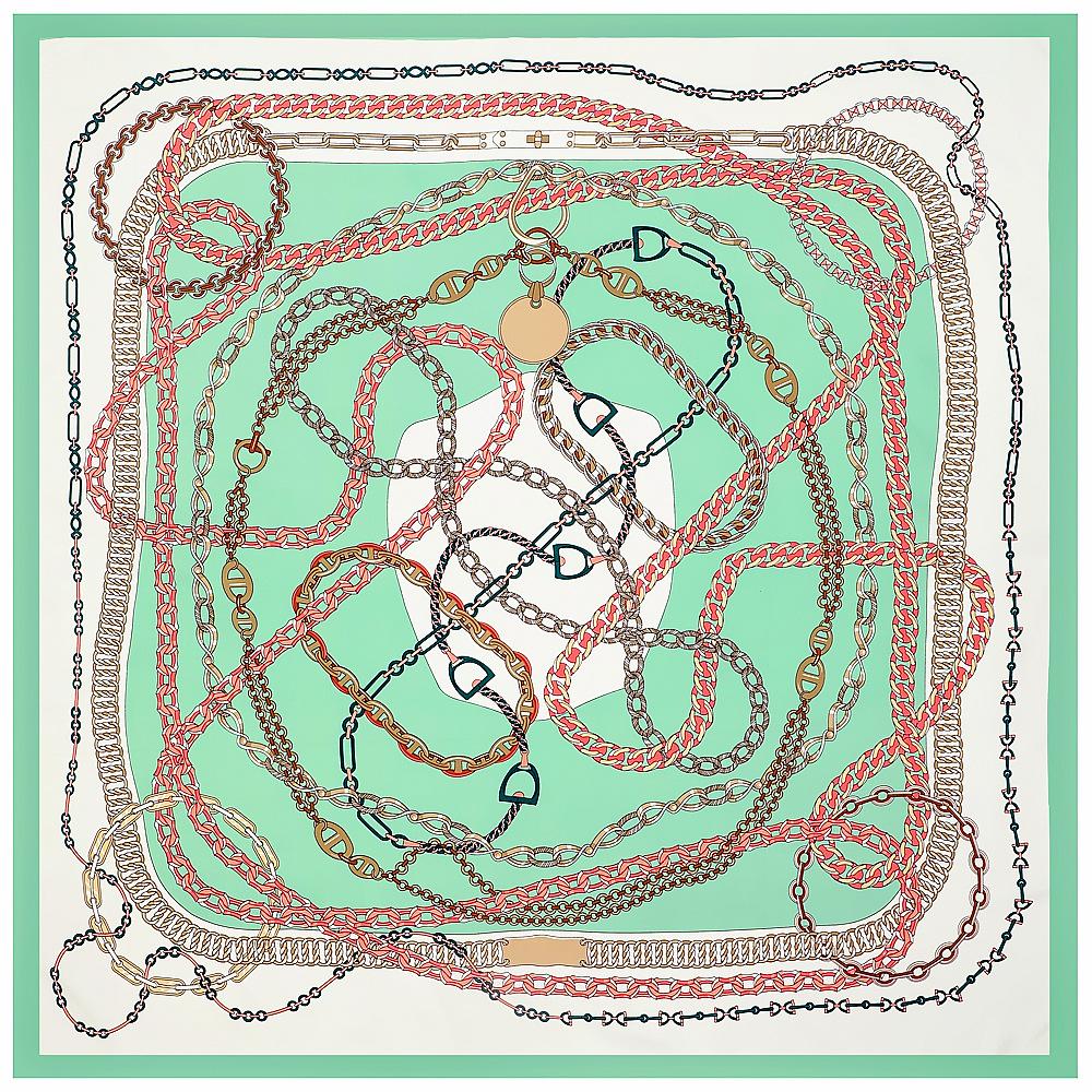 POBING Silk Scarf Women Large Shawls Chain Print Square Bandana Luxury NecKerchief Muslim Hijab Scarf Female Foulards 130CM