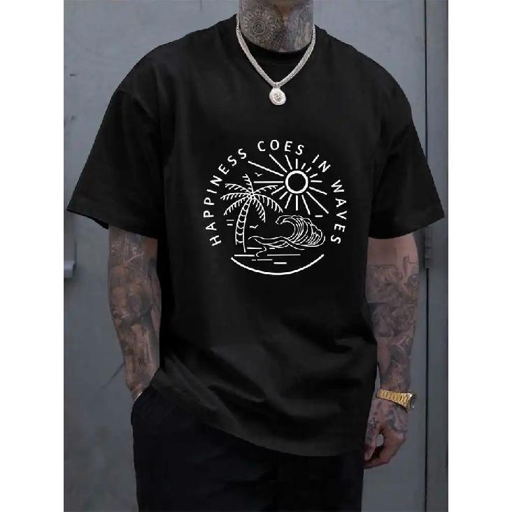 Man Oversize Tee Sunset Letter Printed O-neck Casual T-shirt for Men