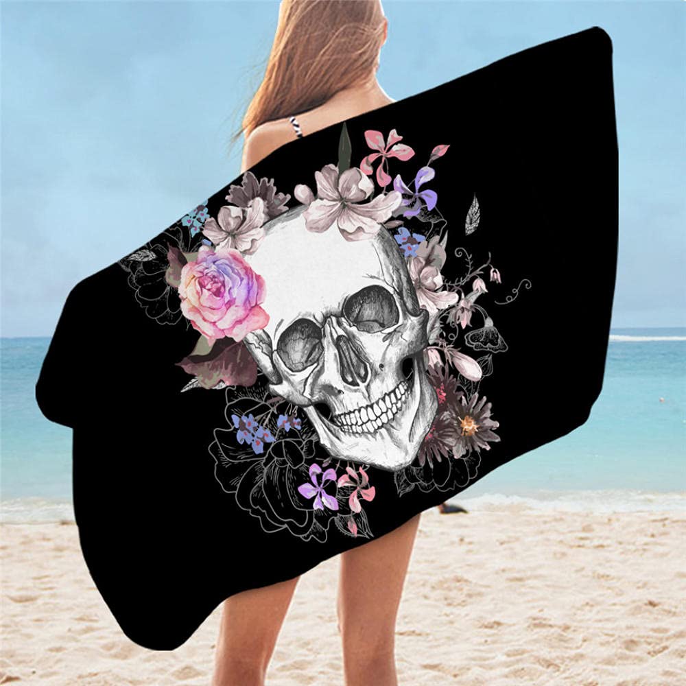 Schädel Strandtuch Mikrofaser Schnelltrocknend Strand Blumenmuster Reise Fitness Spa Damen Mädchen Blume Rose Schädel Große Strandtücher