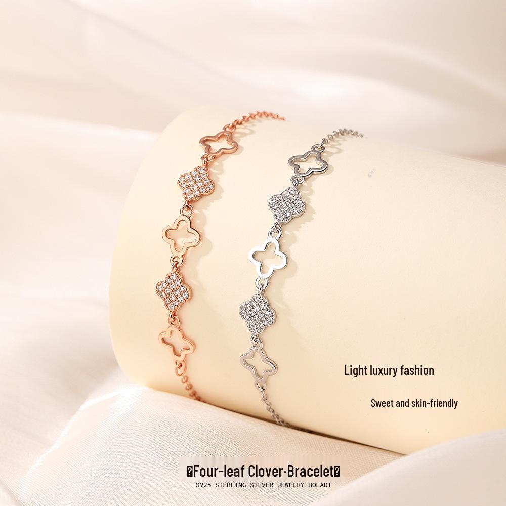 S925 Sterling Silver Lucky Four-Leaf Clover Bracelet in Mori Style - Simple, Elegant, Niche Hand Jewelry