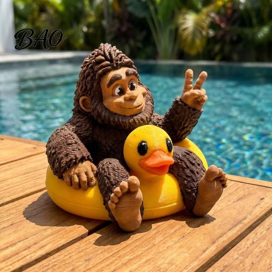 Miniature Sasquatch Figure And Duck Figurine, on Swimming Ring Statue, Playful Tabletop Accent Funny Animal Statue for Home Shelf Decor Creative