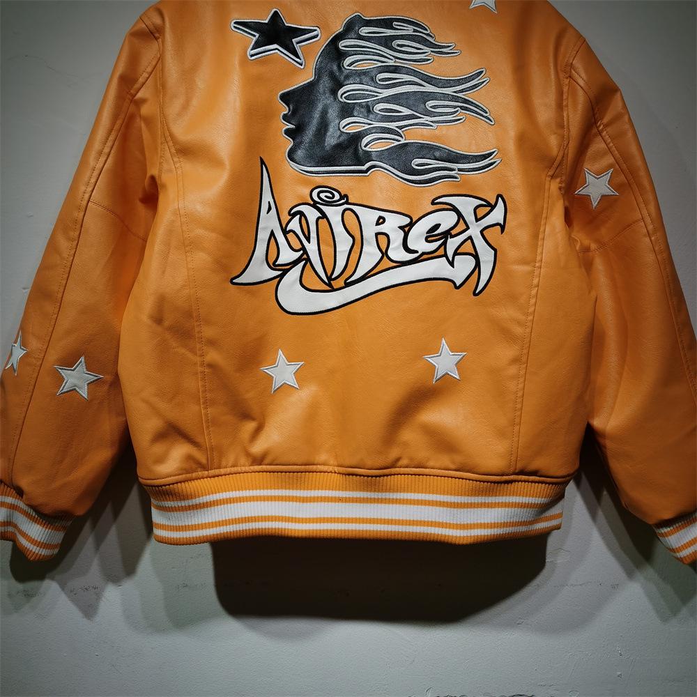 Avirex x Hellstar Men’s Leather Jacket: Trendy American Hip Hop Style Outerwear.
