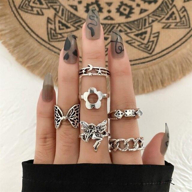 17KM Gothic Punk Steampunk Heart Butterfly Skull Ring Sets Party Jewelry 2021