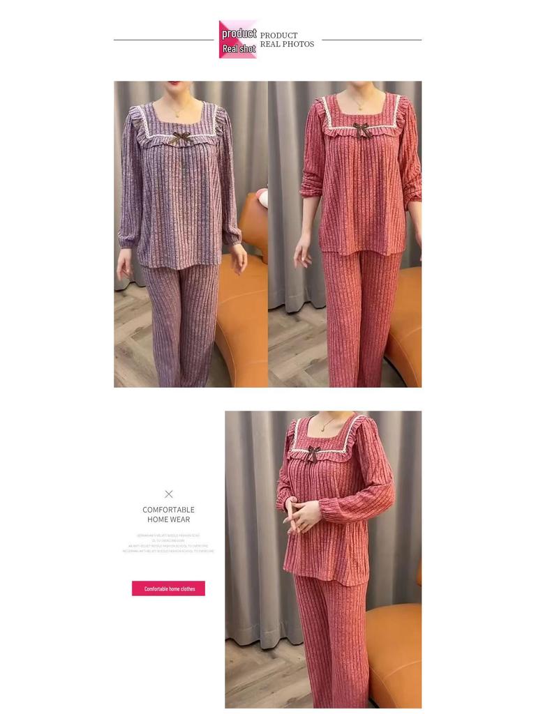 Cord Samt Quadratischer Ausschnitt Lockerer Pyjama Set - Damen Herbst/Winter Homewear