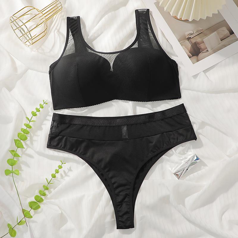 Black Plus-size Push-up Comfortable Bra Set European and American Style Underwire Solid Color Underwear Sexy and Skin-friendly Panties
