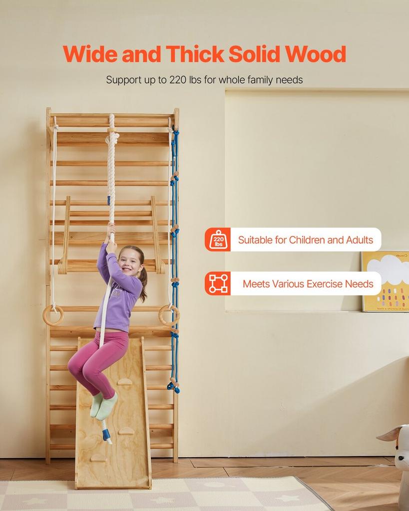 Swedish Ladder Wall Gym, 8-in-1 15 Levels Solid Wood Indoor Jungle Gym, 220LBS Wall Stall Bars Climbing Playset with Wall Ladder, Slide Board, Pull-Up