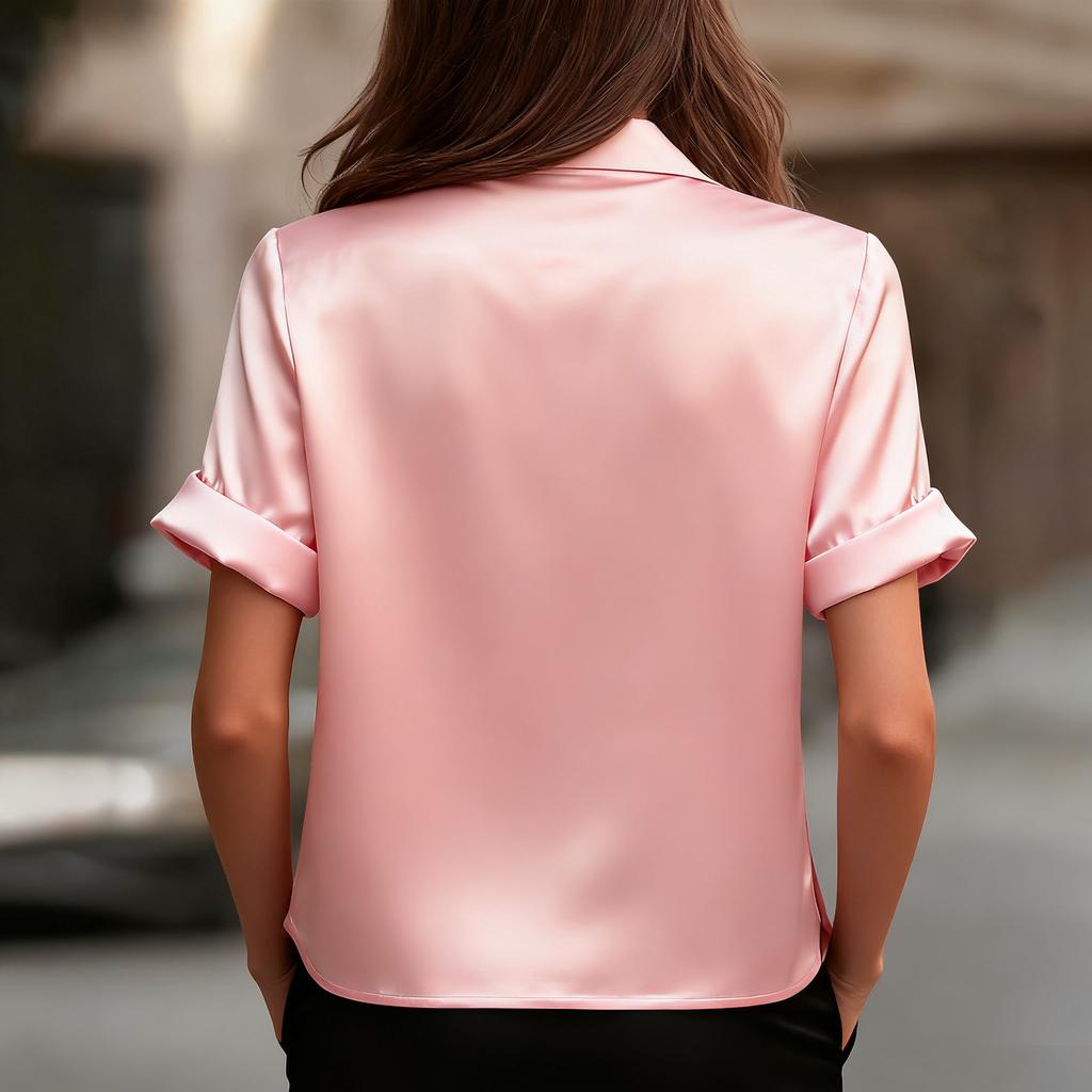 Women's Fashion Solid Color Lapel Button Short Sleeved Temperament Pullover Shirt Top