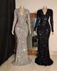 Rochie de seară Sparkly cu decolteu în V, mânecă lungă, bodycon, cu trenă, 2023