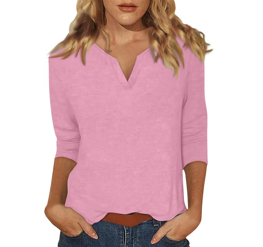 2025 Women's V-Neck 7-Point Sleeve Solid Color T-Shirt