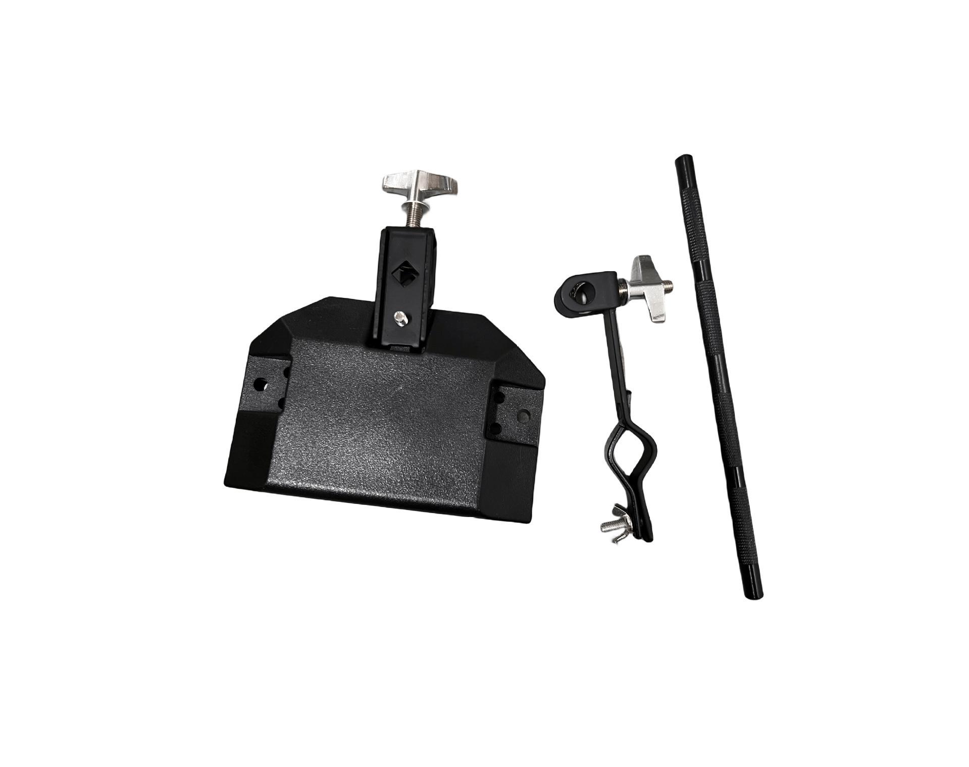 Large Drum Cowbell Extension Clip with Plastic Clapper and Wooden Fish Stand Holder Tri-Side Cowbell + Black Stand