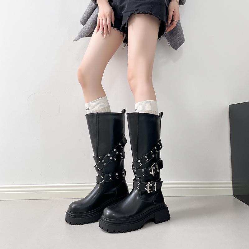 Wide tube thick sole belt buckle boots women's 2025 new punk British style thick heel thin heightening knight boots tall tube