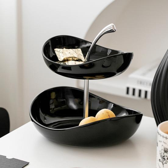 Double Layer Fruit Plate Multi-Layer Ceramic Fruit Bowl with Metal Stand Dishwasher Safe Corner Kitchen Countertop Organizer for Fruits Snacks Cakes