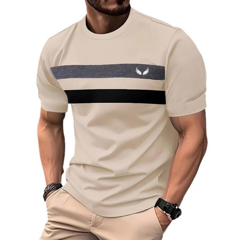 Men s Trendy Printed T-Shirt Crew Neck Color Block Stripe Pattern Casual Fashion Short-Sleeve Top S коричневый