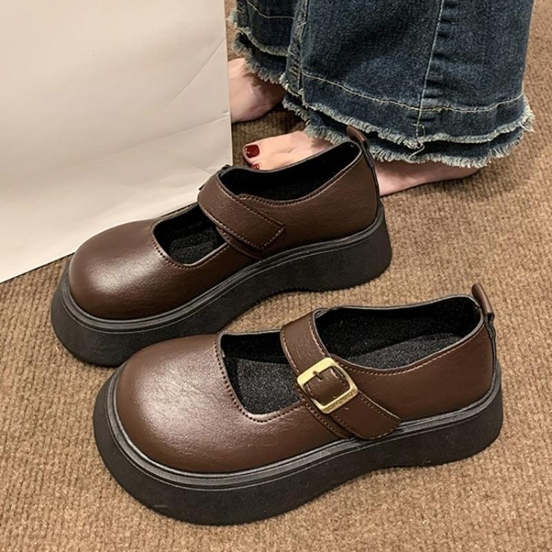 New Style Leather Shoes - Retro Style, Large Round Toe, Thick Sole, Heightening Effect