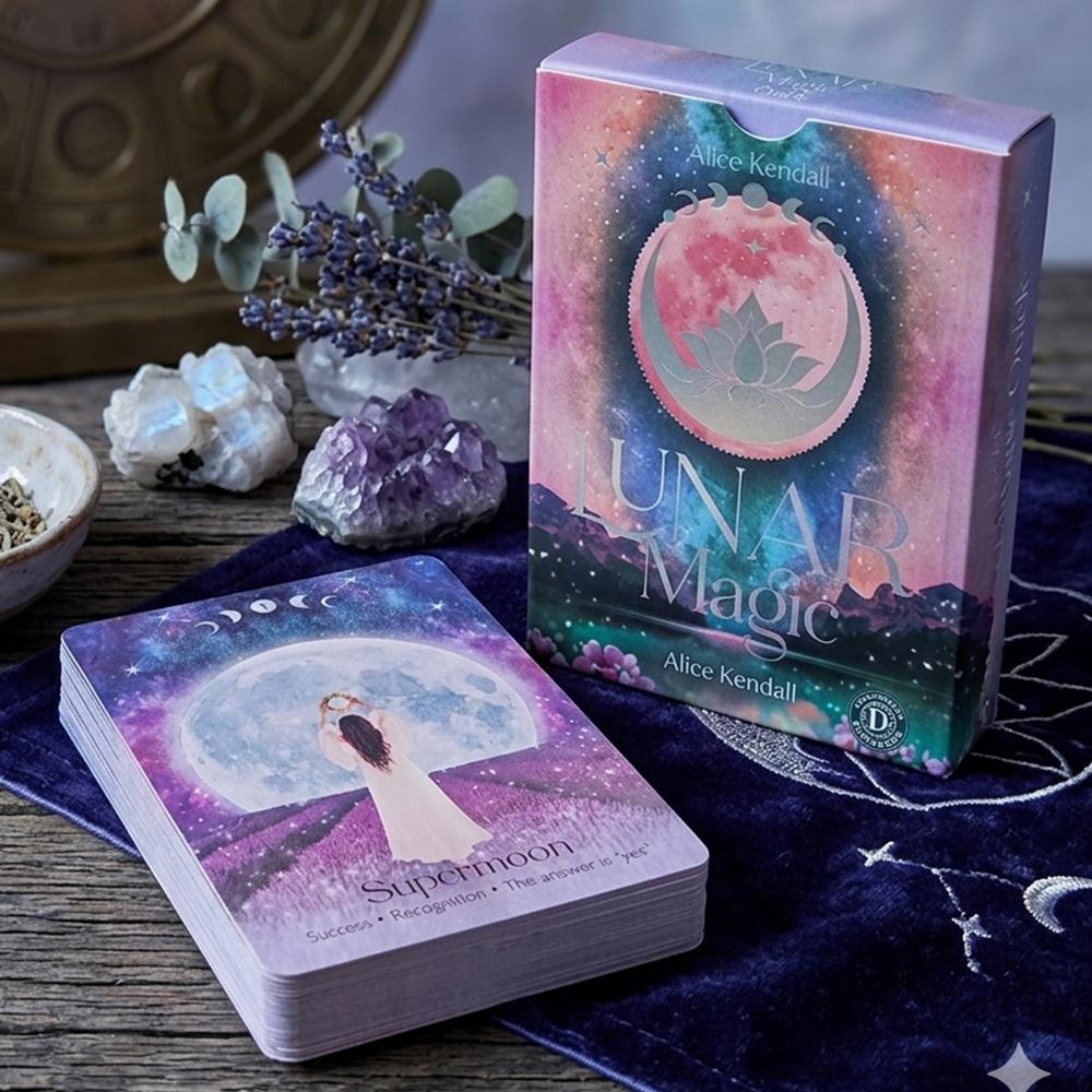 Lunar Magic Oracle Deck 10.5*7.5cm 40 Moon Cards Double-embossed, Moon Phases, Goddesses, Sacred Animals, Plants Spiritual Gift