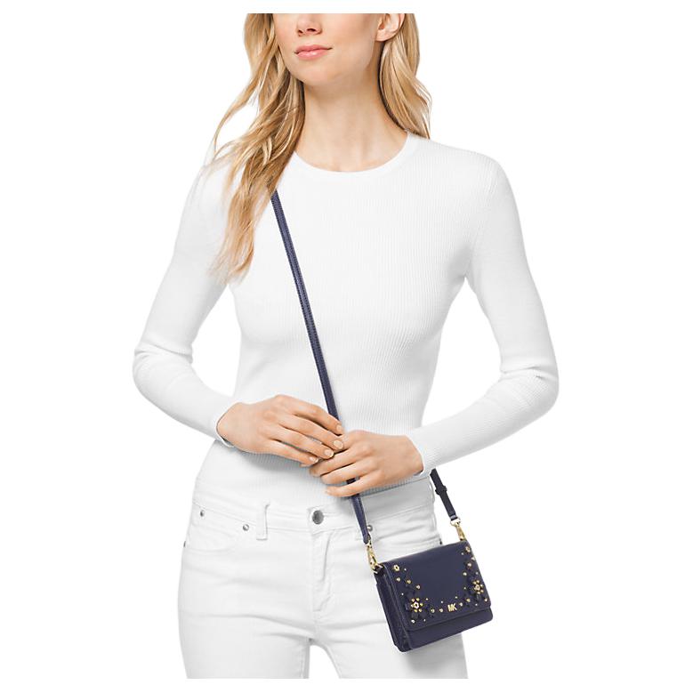 Michael Kors Floral Print Flap Solid Color Letter Logo Leather Crossbody Bag Women Bags Blue 32T8GF5C3Y-ADMIRAL