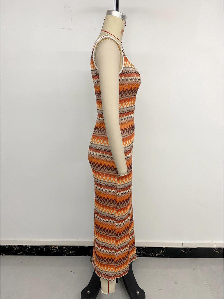 2025 Geometric Striped Jacquard Vacation Sling Dress with Slit
