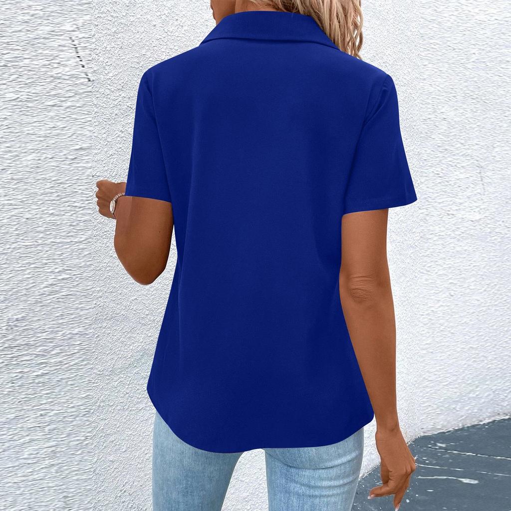 Damenmode Lapel Halbreißverschluss Kurzarm Top Mit Tasche