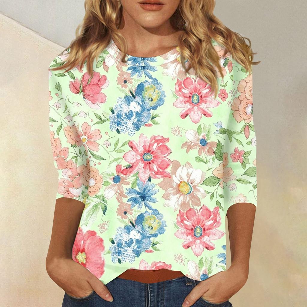 Women's Casual Floral Print Three Quarter Sleeve Top Round Neck Lightweight Comfortable Fit for Everyday Wear