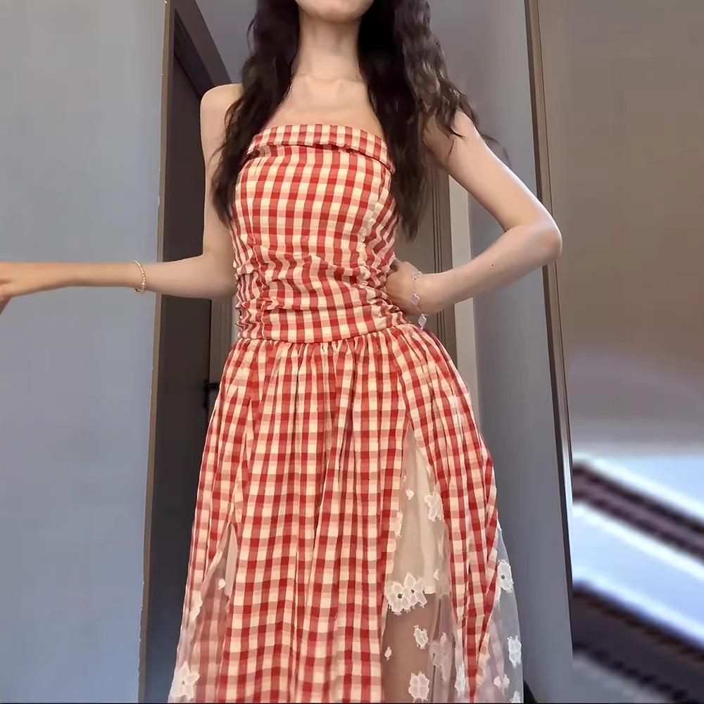 Holiday Style Plaid Splicing Lace Tube Top Dress Women's Spring and Summer New Retro French Waist Dress