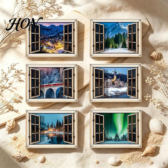 Simulated Window Magnets 1/6Pcs Fake Fridge Magnet, Wooden Natural Scenery Refrigerator Home Office Decorative Magnetic Decoration for Kitchen