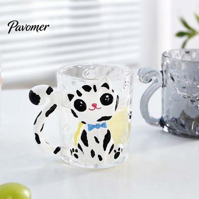 Insulated Glass Coffee Mug Cartoon Cat Drinking Cup, with Anti Scalding Tail Handle Design, Transparent for Hot Cold Drinks Heat-resistant