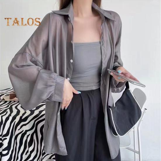 Women Shirt Lapel Long Sleeve Single Breasted Shirt Tops Solid Color Loose Fit See-through Glossy Fabric Sunscreen Thin Shirt