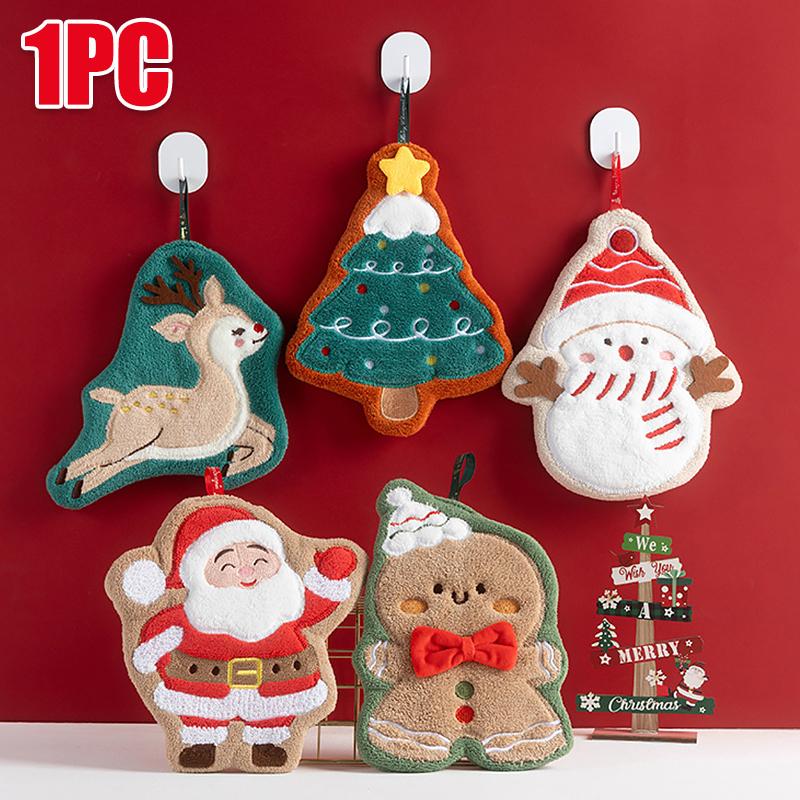 1PC Coral Fleece Children Christmas Creative Small Towel Thickened Hand Towel Multi Element Hanging Cute Embroidery Household