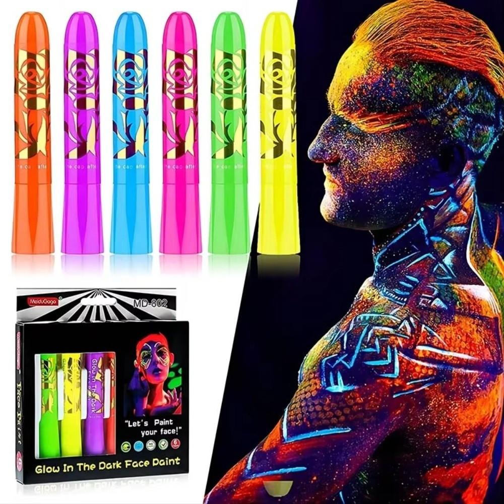 6 Stück/Set Neon UV Glow Gesichtsfarbe Malstift Waschbarer Wasserlöslicher Körperfarbe Stift Ungiftig Leuchtet im Schwarzlicht