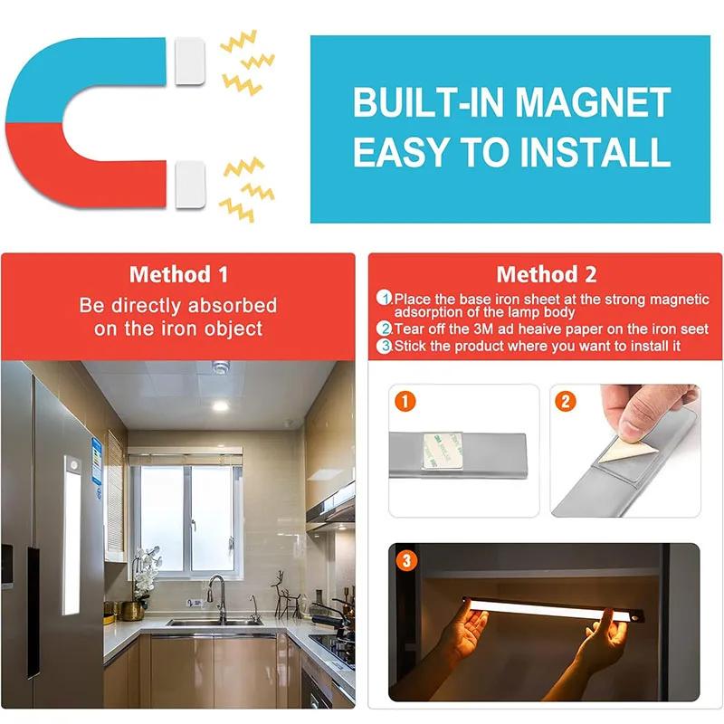Magnetic Rechargeable Motion Sensor Light 10-60CM Ultra-thin LED Under Cabinet Light Suitable for Kitchens Closets Workshops