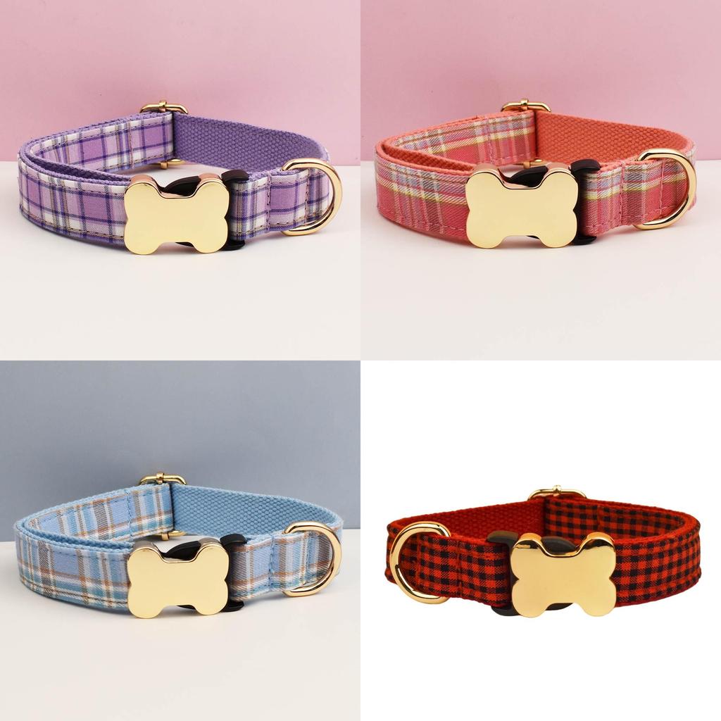 Pet Dog Collar With Grid Print Design And Bone Decor For Gift And Holiday