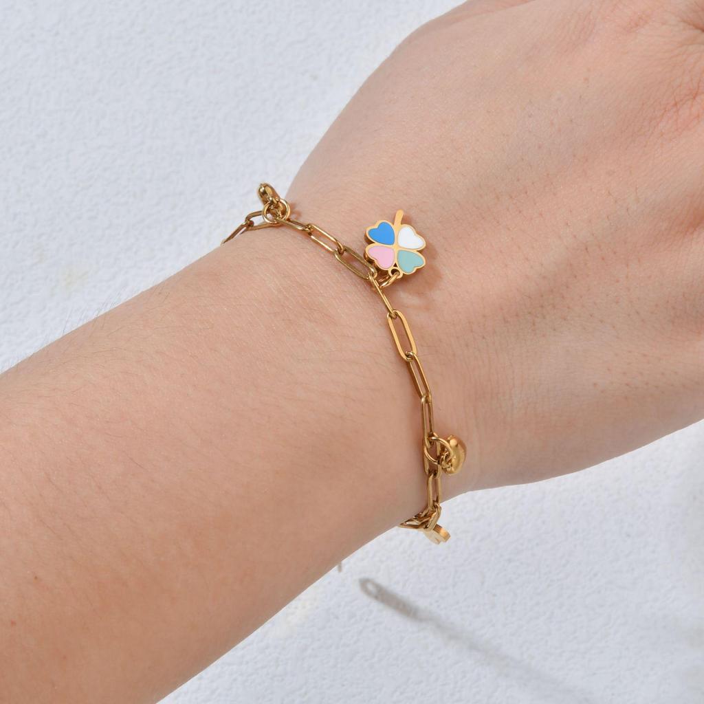 Women's Luxury Drip Oil Flower & Heart Pendant Stainless Steel Bracelet