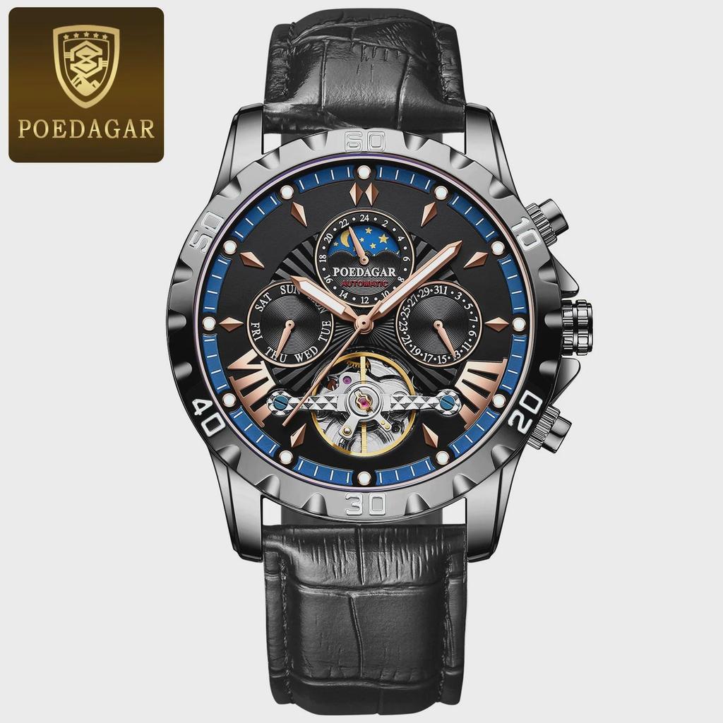 POEDAGAR Tourbillon Automatic Mechanical Wristwatch Waterproof Luminous Date Week Leather Men Watch