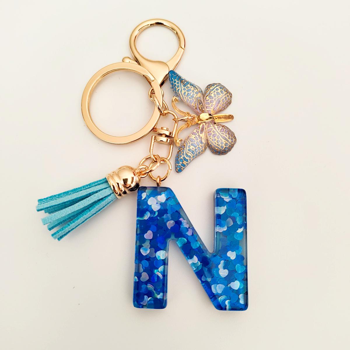 Blue Crystal Epoxy Letter Keychain with Butterfly Glitter