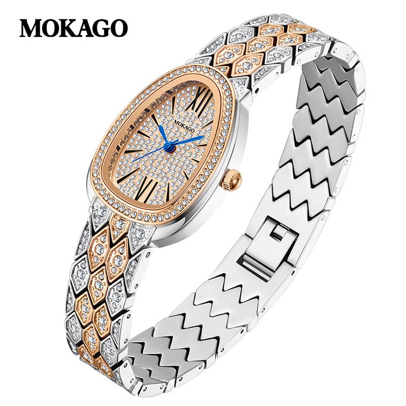 MOKAGO Korean Style Snake-Shaped Women s Luxury Diamond Copper Band Waterproof Quartz Watch