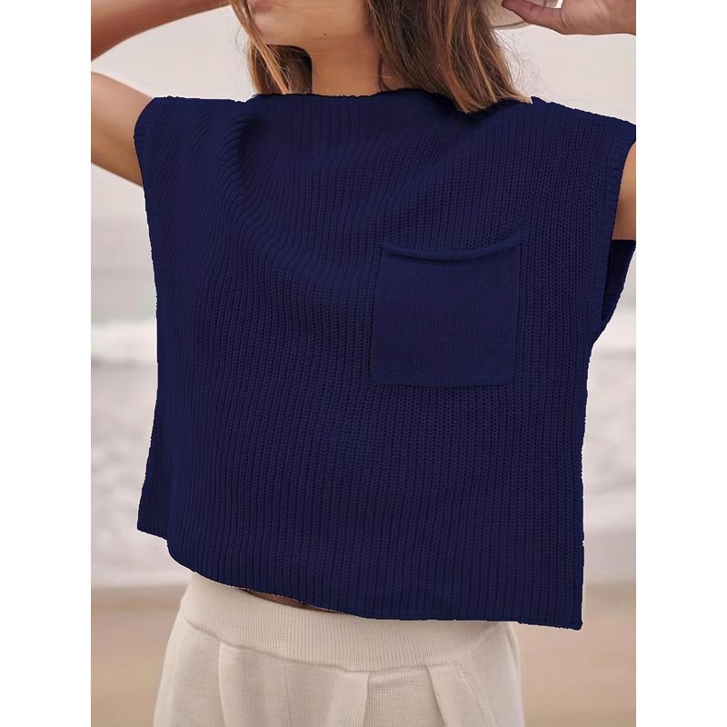 

Модный пуловер с круглым вырезом, без рукавов, свободный вязаный свитер, свободный вязаный свитер без рукавов Dark blue M