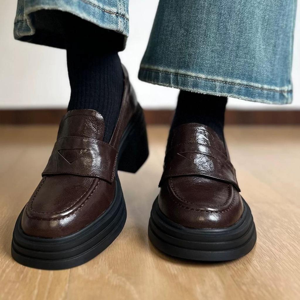 Thick Soled British Style Versatile Loafers for Women with Thick Heels  High Heels  and Height Increasing Small Leather Shoes